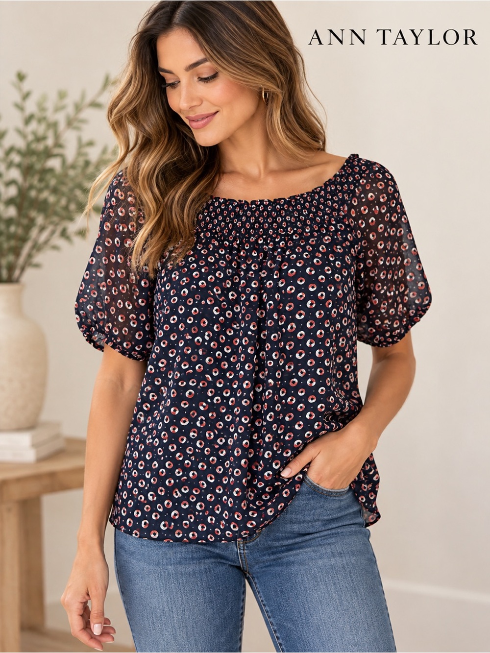 Ann Taylor Navy Print Smocked Square Neck Blouse Size S